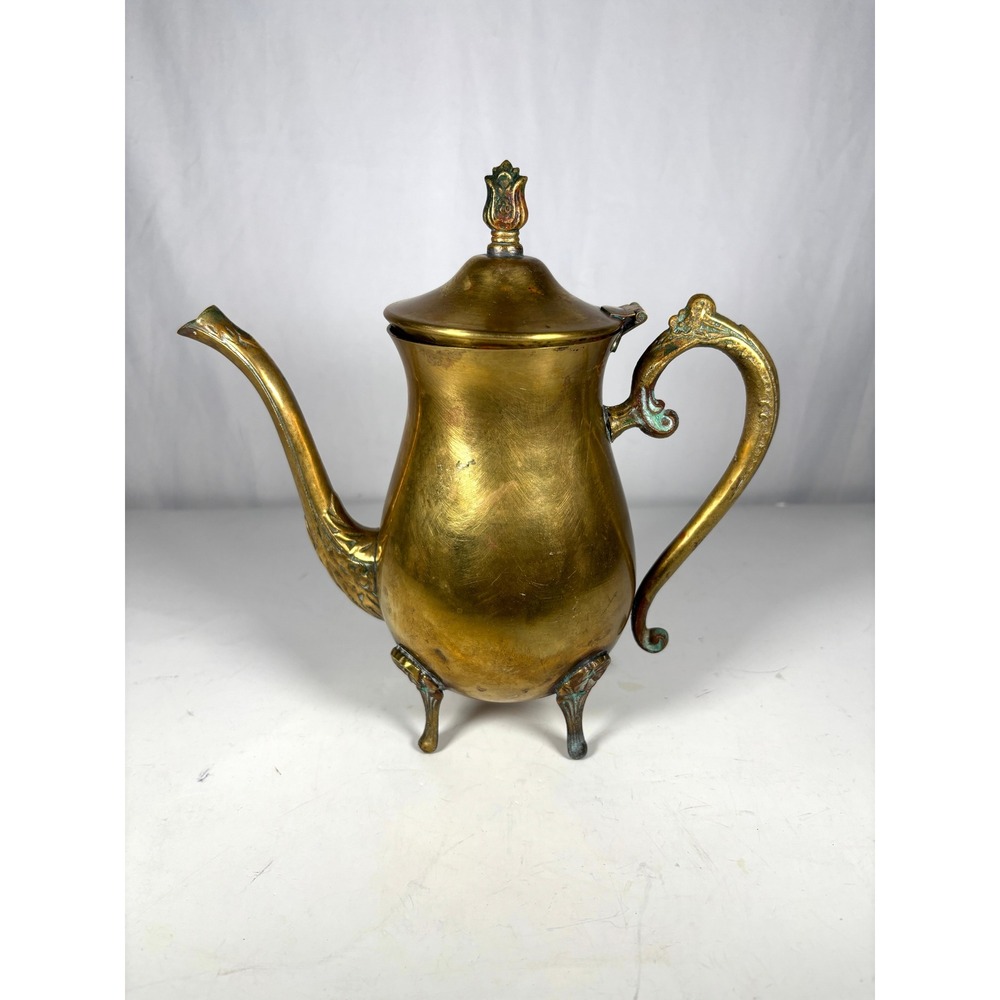 Vintage Brass Coffee Pot Teapot Footed Ornate Hinged Lid Pitcher Decor - Picture 1 of 13